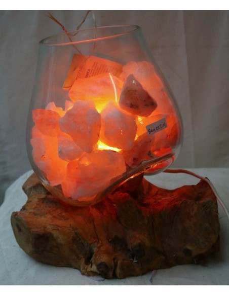 Lampada di sale irripetibile creata in vetro soffiato su legno naturale salgemma Himalaya cm 30x22x30h n 12918 Unica