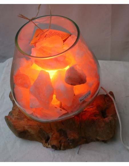 Lampada di sale irripetibile creata in vetro soffiato su legno naturale salgemma Himalaya cm 30x22x30h n 12918 Unica