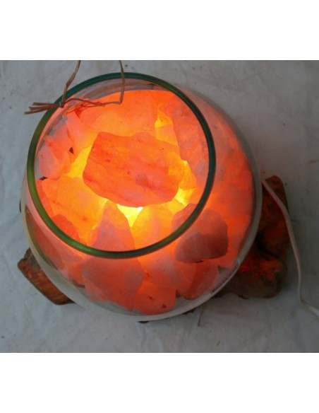 Lampada di sale irripetibile creata in vetro soffiato su legno naturale salgemma Himalaya cm 30x22x30h n 12918 Unica