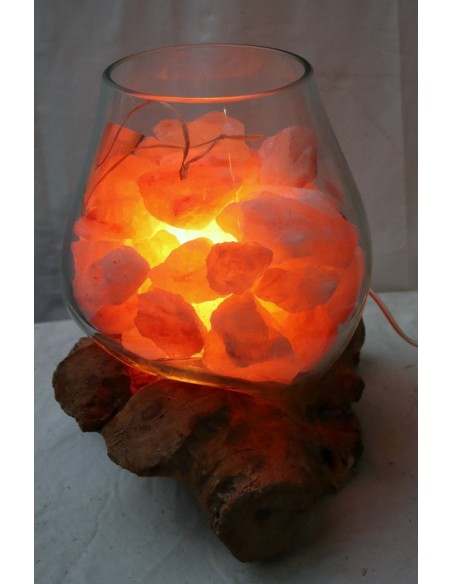 Lampada di sale irripetibile creata in vetro soffiato su legno naturale salgemma Himalaya cm 30x22x30h n 12918 Unica