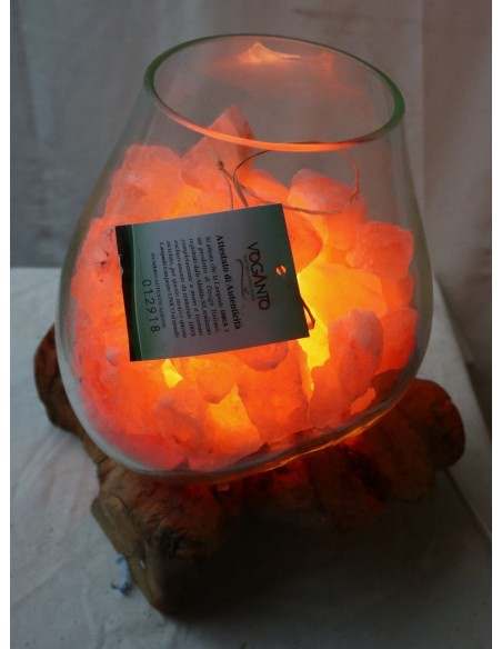 Lampada di sale irripetibile creata in vetro soffiato su legno naturale salgemma Himalaya cm 30x22x30h n 12918 Unica