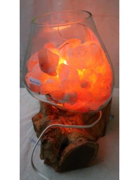 Lampada di sale irripetibile creata in vetro soffiato su legno naturale salgemma Himalaya cm 30x22x30h n 12918 Unica