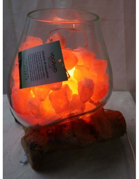 Lampada di sale irripetibile creata in vetro soffiato su legno naturale salgemma Himalaya cm 30x22x30h n 12918 Unica