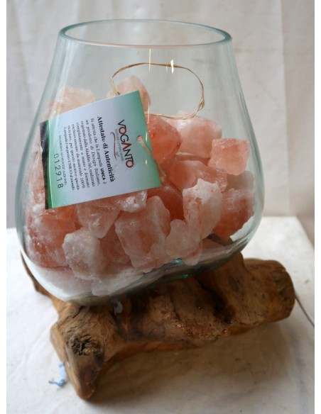 Lampada di sale irripetibile creata in vetro soffiato su legno naturale salgemma Himalaya cm 30x22x30h n 12918 Unica