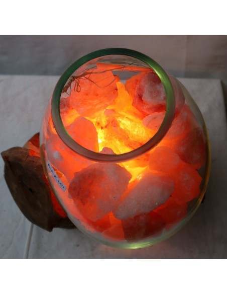 Lampada di sale irripetibile creata in vetro soffiato su legno naturale salgemma Himalaya cm 28x22x33h n 12907 Unica