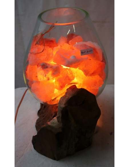 Lampada di sale irripetibile creata in vetro soffiato su legno naturale salgemma Himalaya cm 28x22x33h n 12907 Unica