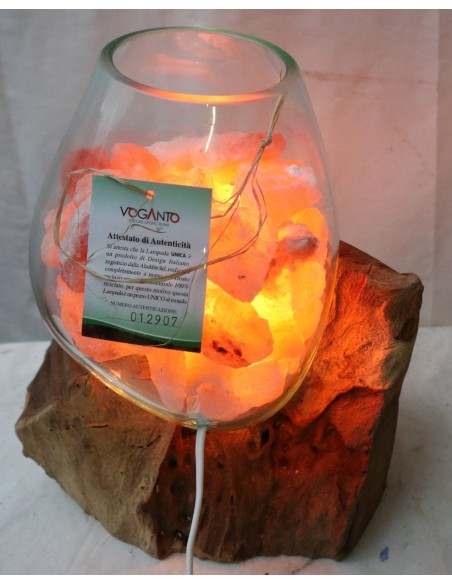 Lampada di sale irripetibile creata in vetro soffiato su legno naturale salgemma Himalaya cm 28x22x33h n 12907 Unica