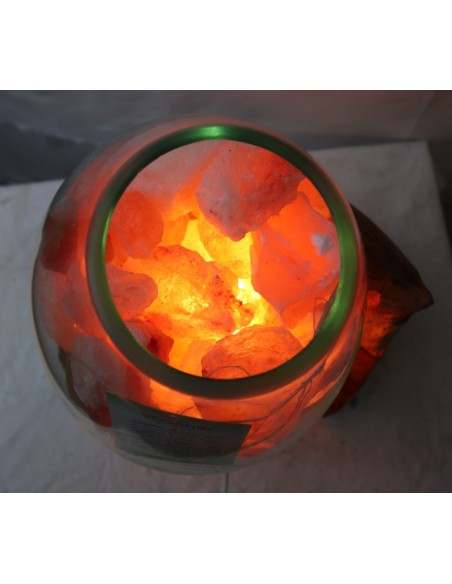 Lampada di sale irripetibile creata in vetro soffiato su legno naturale salgemma Himalaya cm 28x22x33h n 12907 Unica