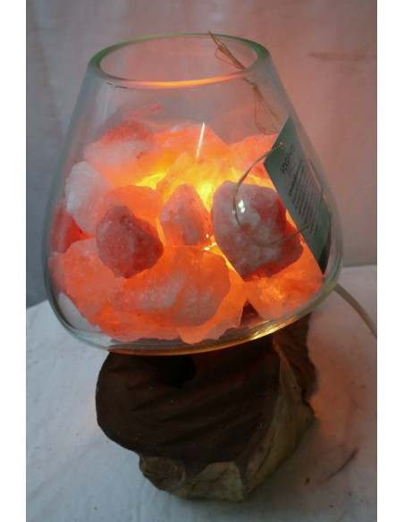 Lampada di sale irripetibile creata in vetro soffiato su legno naturale salgemma Himalaya cm 28x22x33h n 12907 Unica