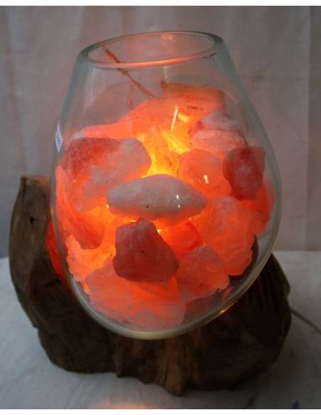 Lampada di sale irripetibile creata in vetro soffiato su legno naturale salgemma Himalaya cm 28x22x33h n 12907 Unica
