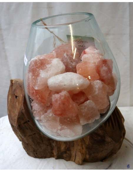 Lampada di sale irripetibile creata in vetro soffiato su legno naturale salgemma Himalaya cm 28x22x33h n 12907 Unica