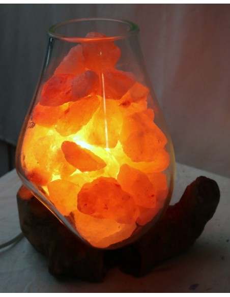Lampada di sale irripetibile creata in vetro soffiato su legno naturale salgemma Himalaya cm 22x20x26h n 4021 Unica