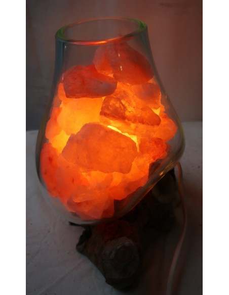 Lampada di sale irripetibile creata in vetro soffiato su legno naturale salgemma Himalaya cm 22x20x26h n 4021 Unica