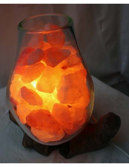 Lampada di sale irripetibile creata in vetro soffiato su legno naturale salgemma Himalaya cm 22x20x26h n 4021 Unica