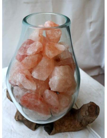 Lampada di sale irripetibile creata in vetro soffiato su legno naturale salgemma Himalaya cm 22x20x26h n 4021 Unica