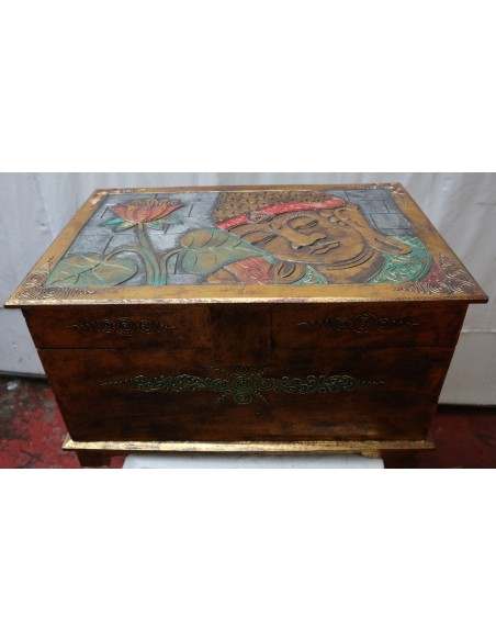 Baule cassapanca in legno di albesia con volto di Buddha color oro cm 60x40x35
