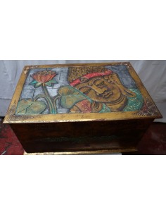 Baule cassapanca in legno di albesia con volto di Buddha... 2
