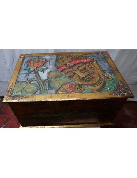 Baule cassapanca in legno di albesia con volto di Buddha color oro cm 60x40x35