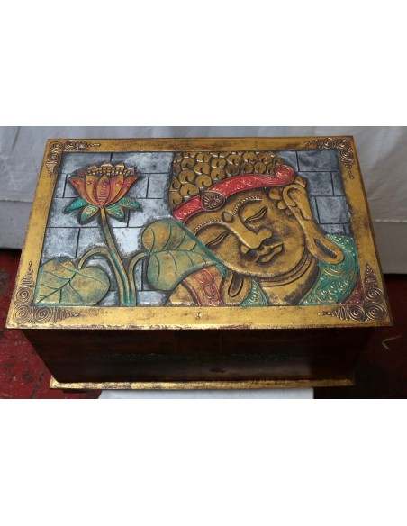 Baule cassapanca in legno di albesia con volto di Buddha color oro cm 60x40x35
