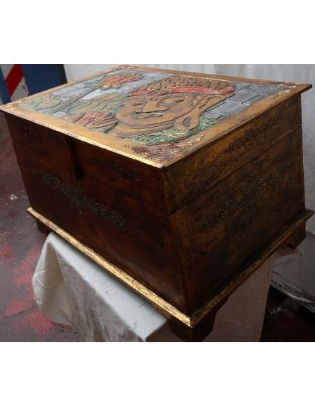 Baule cassapanca in legno di albesia con volto di Buddha color oro cm 60x40x35