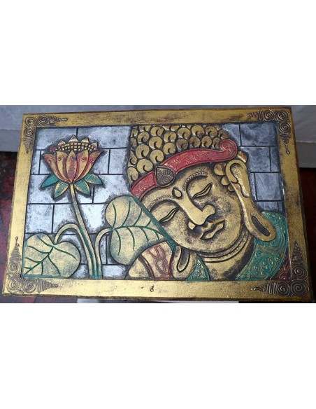 Baule cassapanca in legno di albesia con volto di Buddha color oro cm 60x40x35