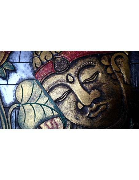 Baule cassapanca in legno di albesia con volto di Buddha color oro cm 60x40x35