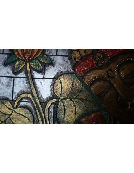 Baule cassapanca in legno di albesia con volto di Buddha color oro cm 60x40x35