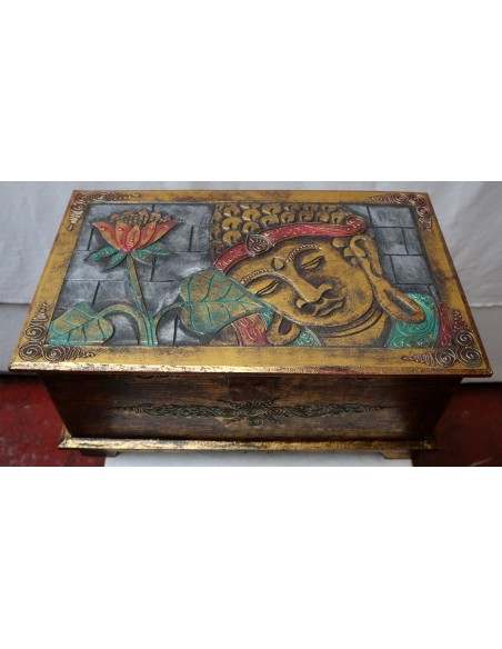 Baule cassapanca in legno di albesia con volto di Buddha color oro cm 50x30x25
