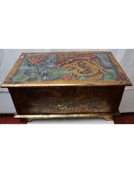 Baule cassapanca in legno di albesia con volto di Buddha color oro cm 50x30x25