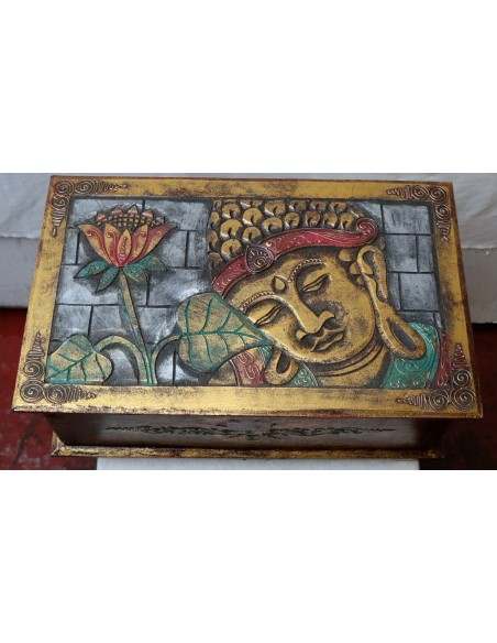 Baule cassapanca in legno di albesia con volto di Buddha color oro cm 50x30x25