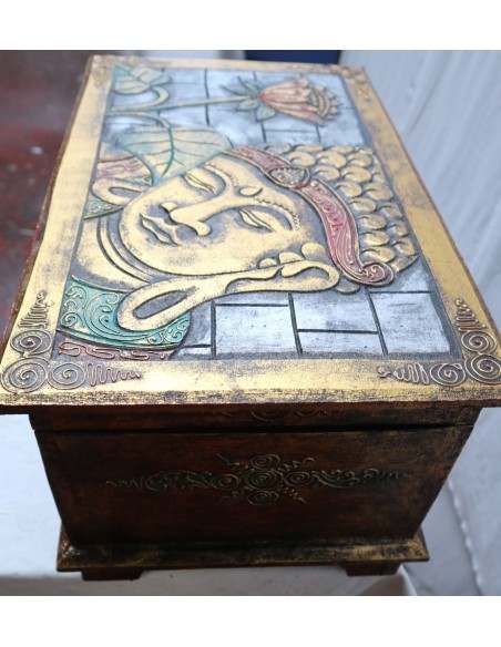 Baule cassapanca in legno di albesia con volto di Buddha color oro cm 50x30x25