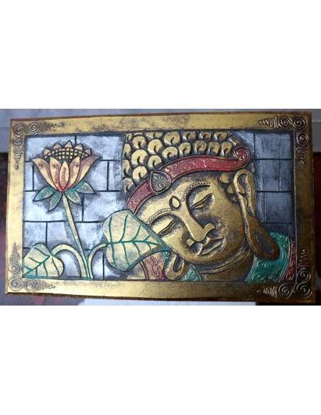 Baule cassapanca in legno di albesia con volto di Buddha color oro cm 50x30x25