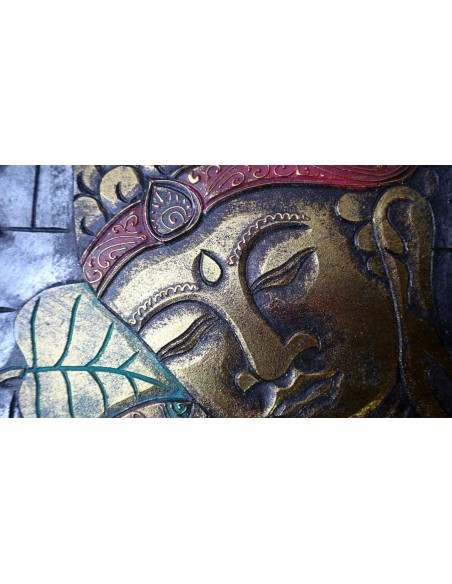 Baule cassapanca in legno di albesia con volto di Buddha color oro cm 50x30x25