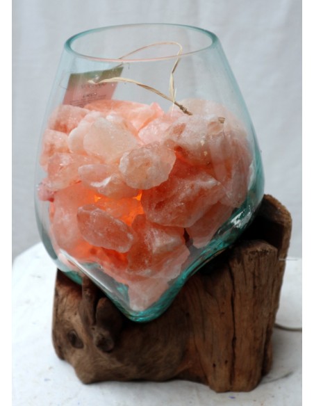 Lampada di sale irripetibile creata in vetro soffiato su legno naturale salgemma Himalaya cm 23x20x32h n 12917 Unica