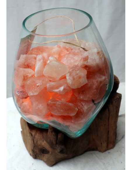 Lampada di sale irripetibile creata in vetro soffiato su legno naturale salgemma Himalaya cm 23x20x32h n 12917 Unica