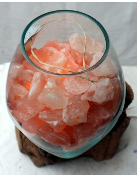 Lampada di sale irripetibile creata in vetro soffiato su legno naturale salgemma Himalaya cm 23x20x32h n 12917 Unica