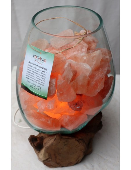 Lampada di sale irripetibile creata in vetro soffiato su legno naturale salgemma Himalaya cm 23x20x32h n 12917 Unica