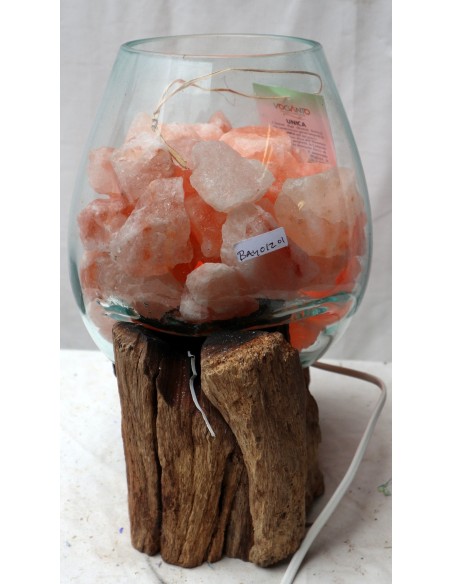 Lampada di sale irripetibile creata in vetro soffiato su legno naturale salgemma Himalaya cm 23x20x32h n 12917 Unica