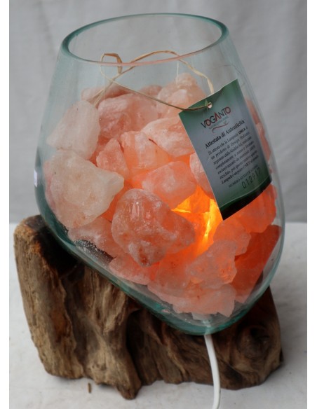 Lampada di sale irripetibile creata in vetro soffiato su legno naturale salgemma Himalaya cm 23x20x32h n 12917 Unica