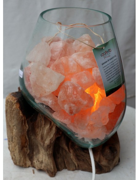 Lampada di sale irripetibile creata in vetro soffiato su legno naturale salgemma Himalaya cm 23x20x32h n 12917 Unica