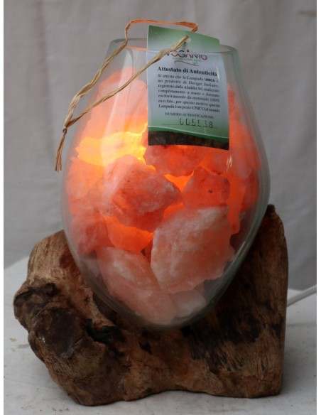 Lampada di sale irripetibile creata in vetro soffiato su legno naturale salgemma Himalaya cm 20x19x25h n 5538 Unica