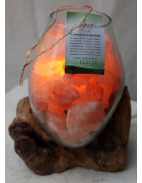 Lampada di sale irripetibile creata in vetro soffiato su legno naturale salgemma Himalaya cm 20x19x25h n 5538 Unica
