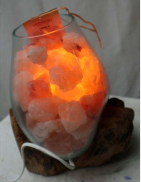 Lampada di sale irripetibile creata in vetro soffiato su legno naturale salgemma Himalaya cm 20x19x25h n 5538 Unica