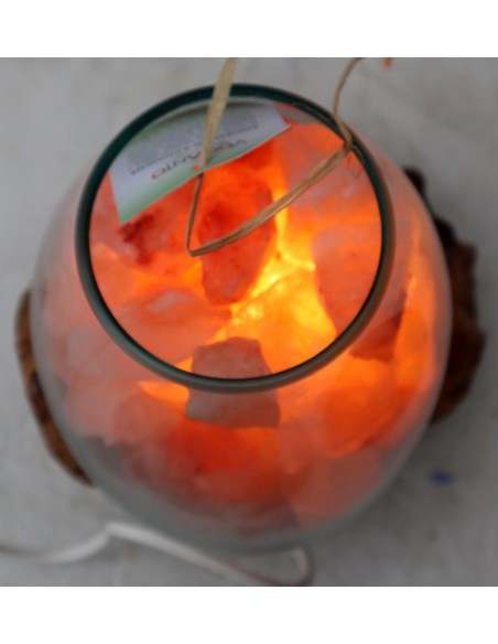 Lampada di sale irripetibile creata in vetro soffiato su legno naturale salgemma Himalaya cm 20x19x25h n 5538 Unica