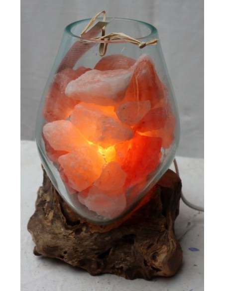 Lampada di sale irripetibile creata in vetro soffiato su legno naturale salgemma Himalaya cm 20x18x26h n 5506 Unica