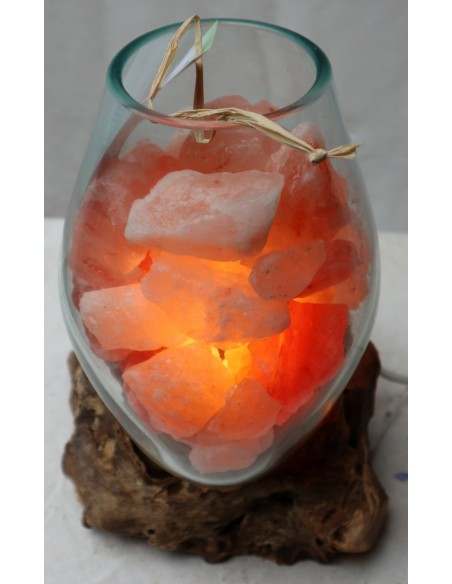 Lampada di sale irripetibile creata in vetro soffiato su legno naturale salgemma Himalaya cm 20x18x26h n 5506 Unica