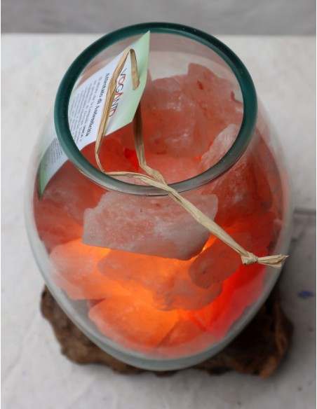 Lampada di sale irripetibile creata in vetro soffiato su legno naturale salgemma Himalaya cm 20x18x26h n 5506 Unica