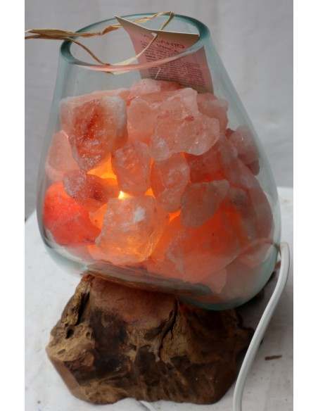 Lampada di sale irripetibile creata in vetro soffiato su legno naturale salgemma Himalaya cm 20x18x26h n 5506 Unica