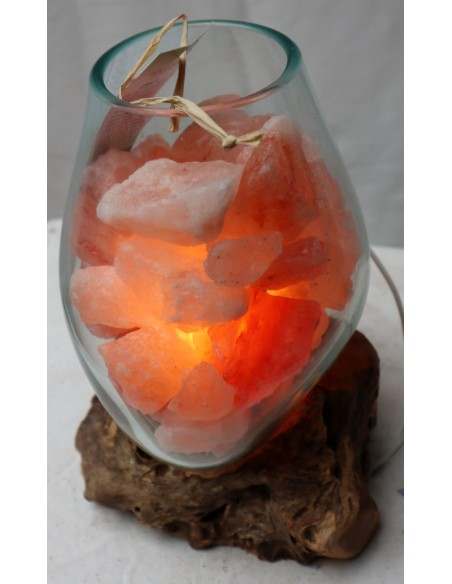 Lampada di sale irripetibile creata in vetro soffiato su legno naturale salgemma Himalaya cm 20x18x26h n 5506 Unica