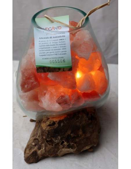 Lampada di sale irripetibile creata in vetro soffiato su legno naturale salgemma Himalaya cm 20x18x26h n 5506 Unica